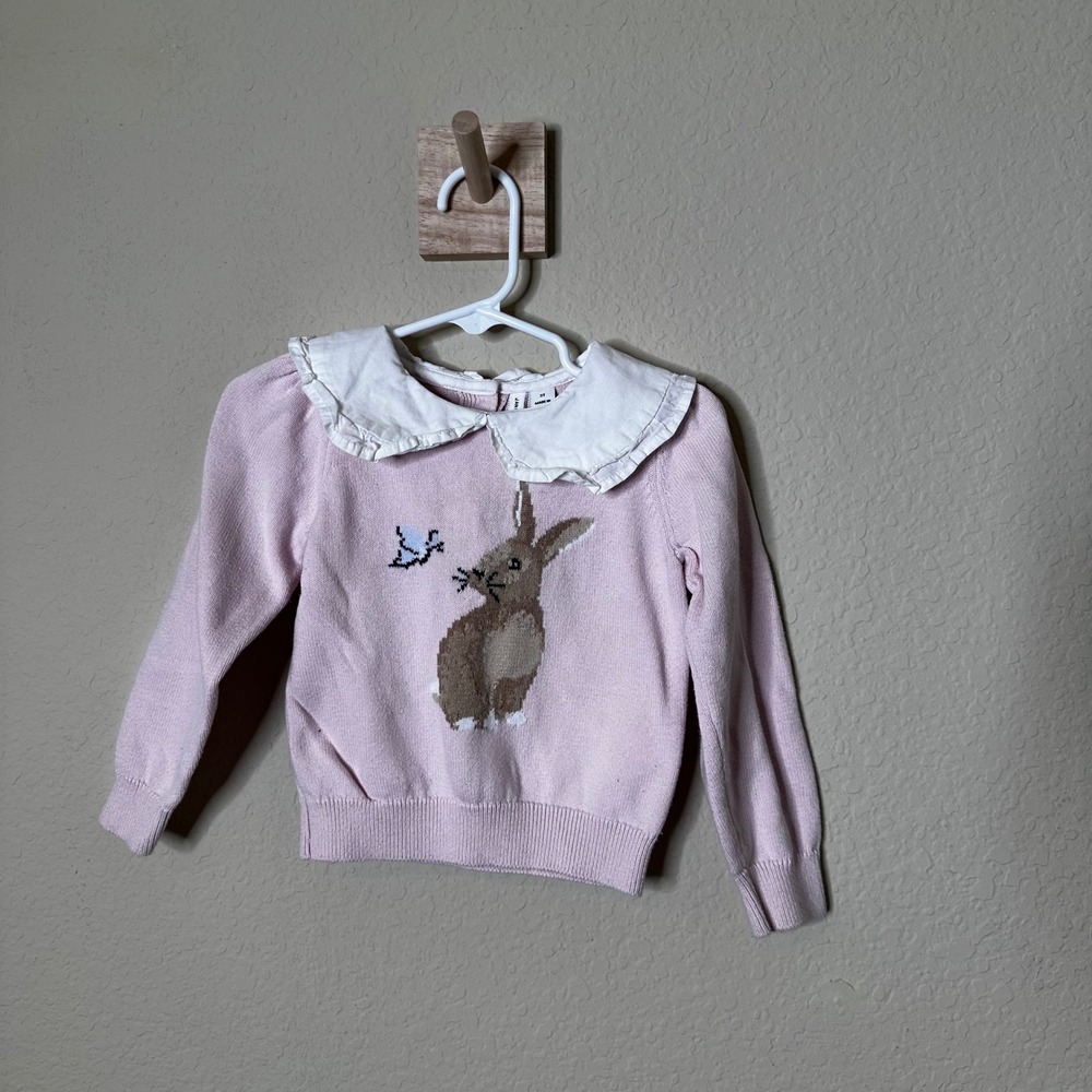 Janie and Jack Toddler Pink Bunny Intarsia Knit Peter Pan Collar Sweater 2T
